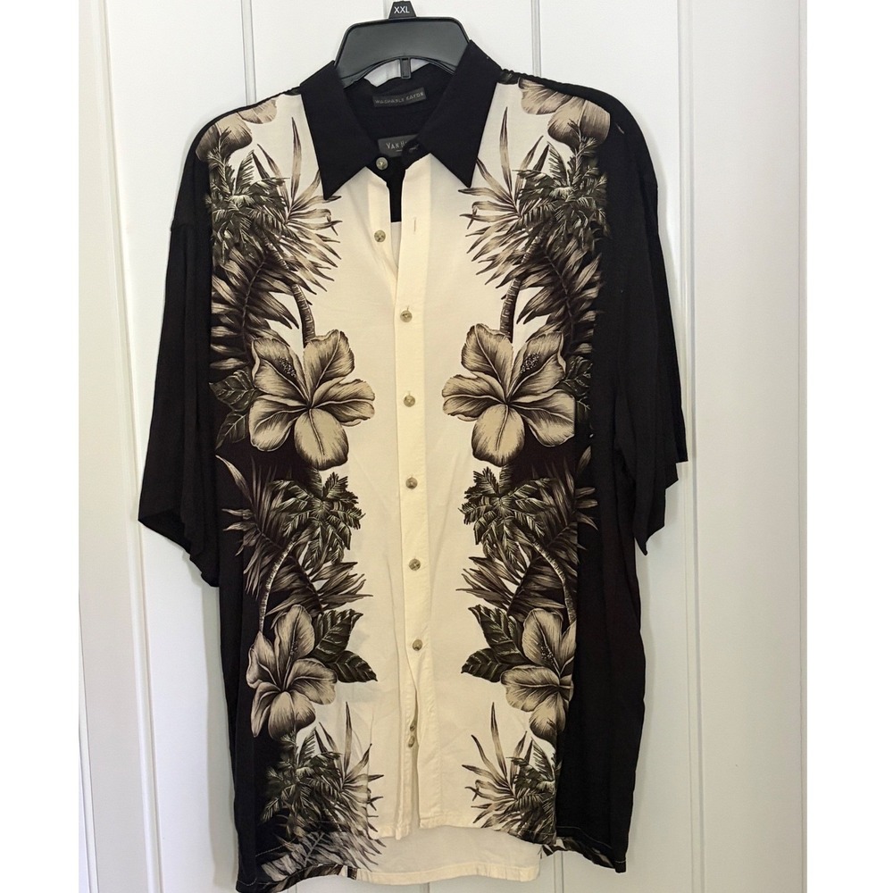Van Heusen Mens Large Rayon Tropical Hibiscus Floral Button Down Shirt Black